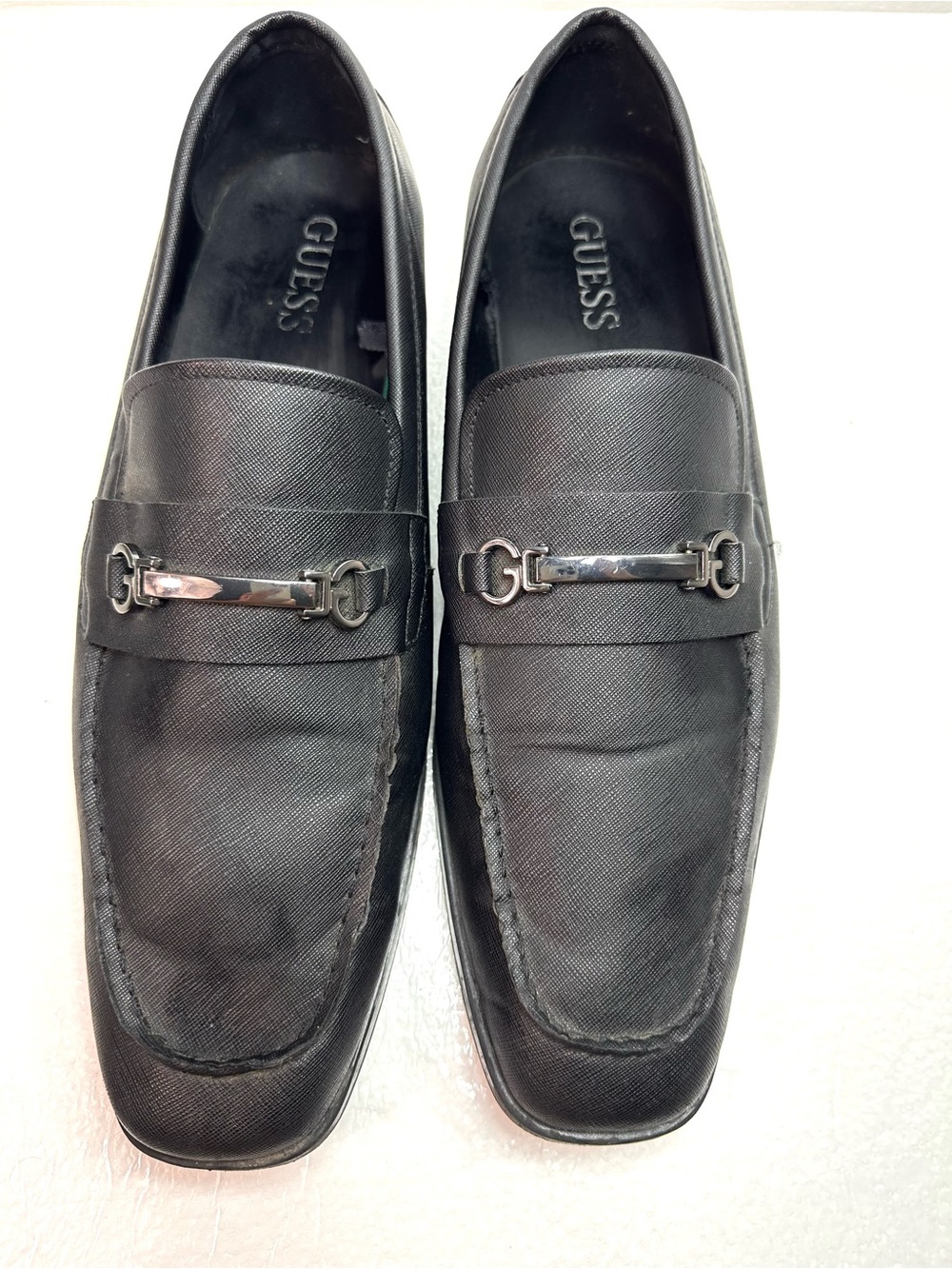 Guess Black Saffiano Square Toe Loafers with Gun Metal G Logo Buckle 13
